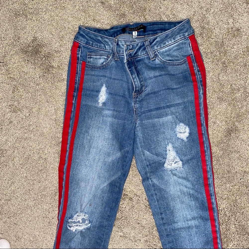 Red Striped Side Jeans Ripped Skinny
